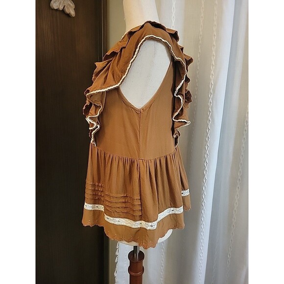 Bohme Brown White Crochet Lace Accents Boho Hippie Ruffle Peasant‎ Small - Picture 5 of 8